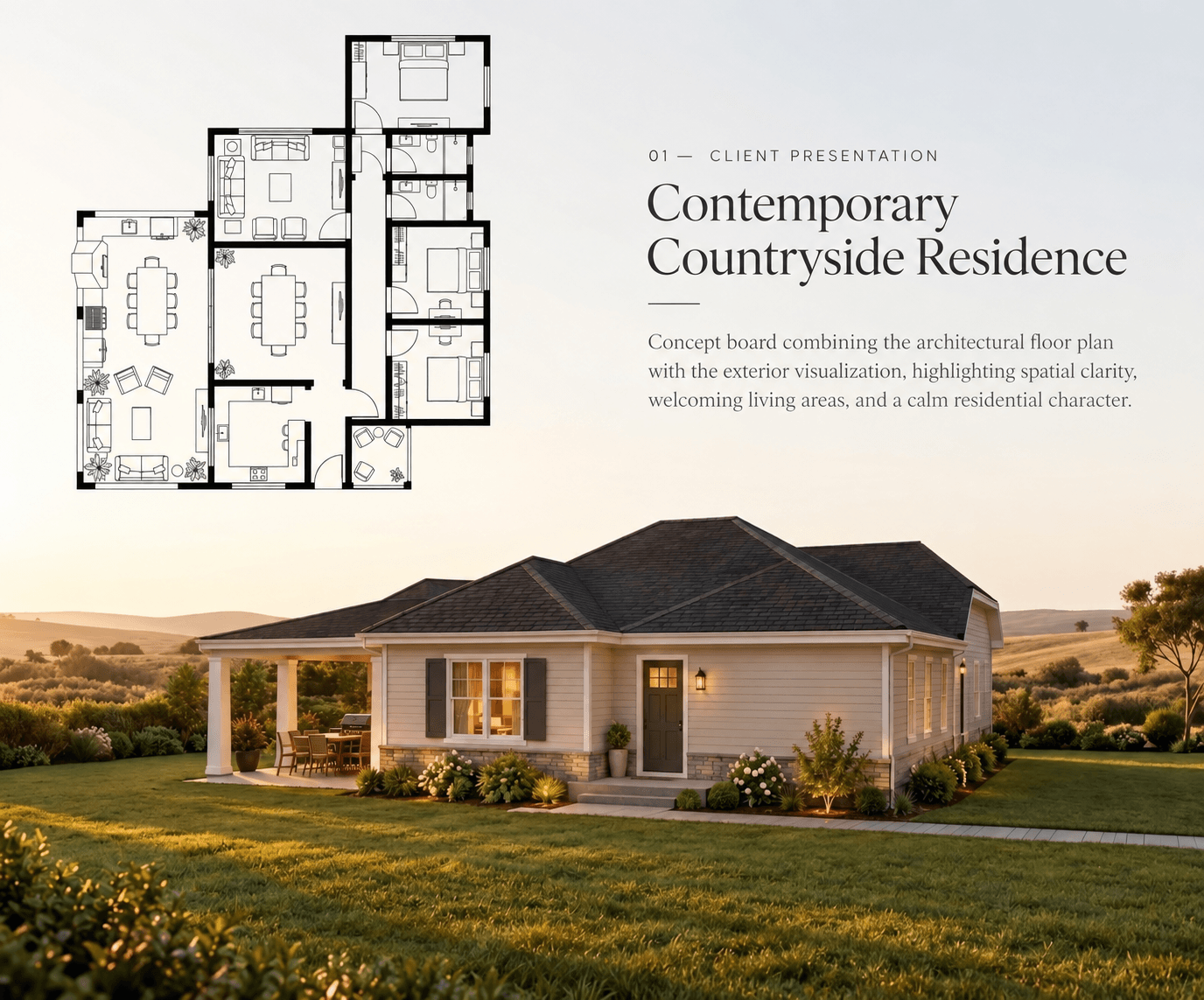 Architecture presentation board example with a floor plan and exterior visualization
